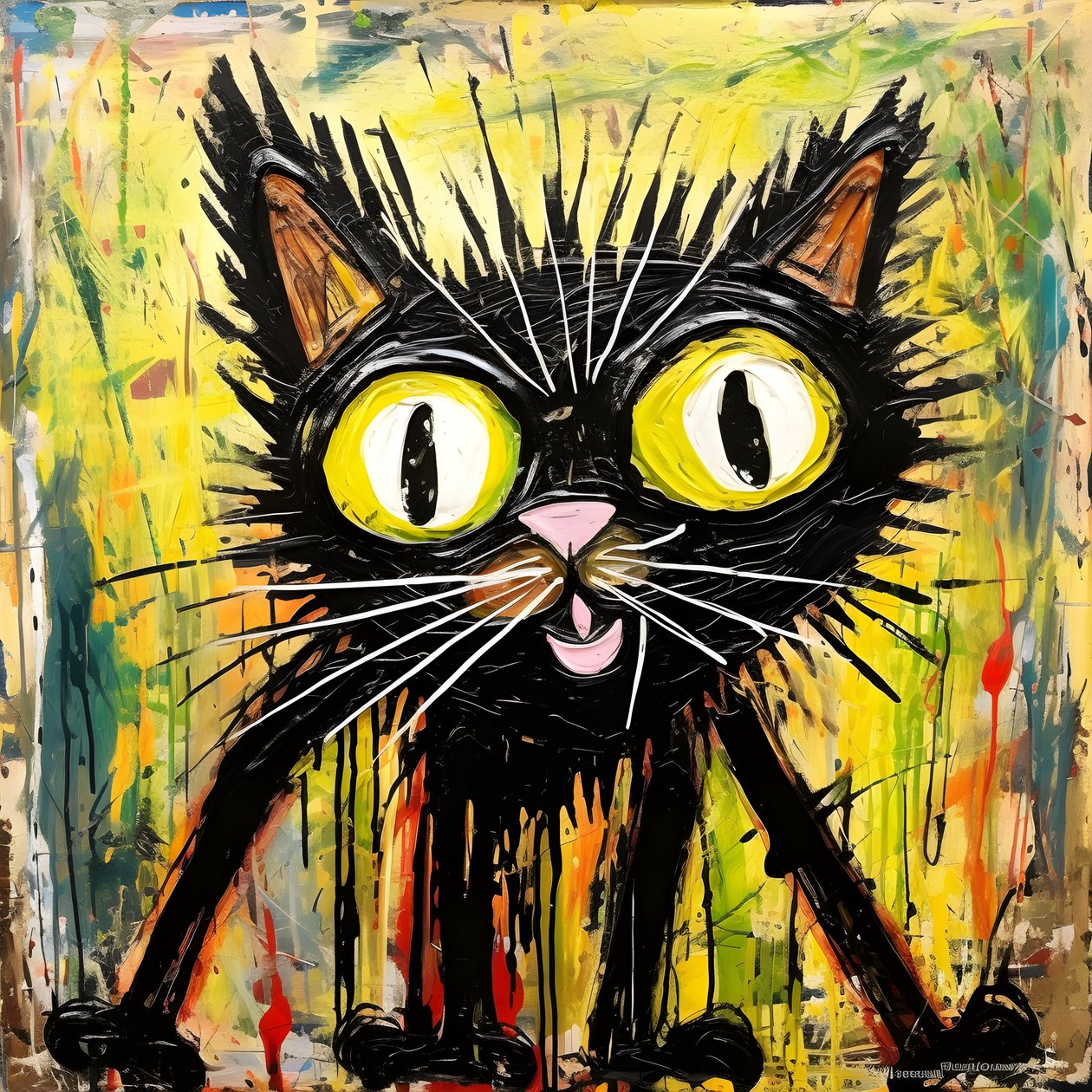 Neoexpresionismo de un gato de dibujos animados que mira algo con curiosidad 1 de Kurt Heppke