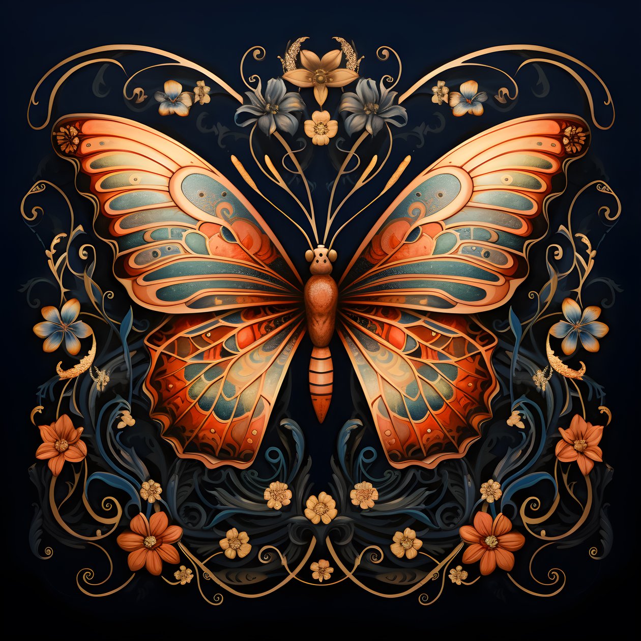 Mariposa en el centro, simétrica, con flores al fondo 1 de Kurt Heppke
