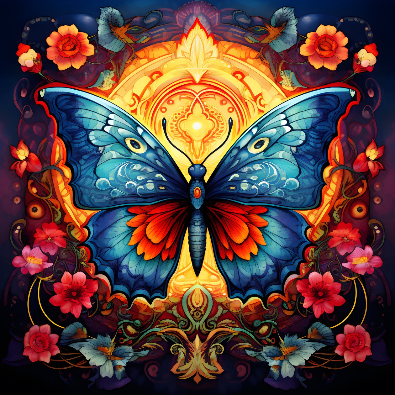 Mariposa en el centro, simétrica, con flores al fondo 2 de Kurt Heppke