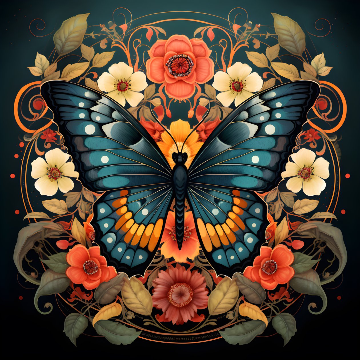 Mariposa en el centro, simétrica, con flores al fondo 4 de Kurt Heppke