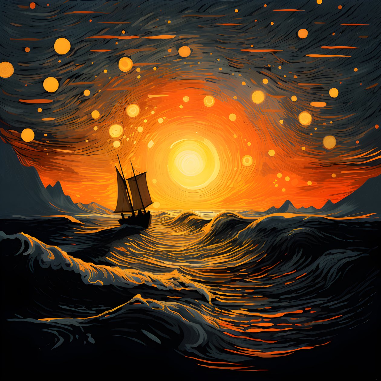 Atardecer, sol amarillo anaranjado, nubes, cinco círculos giratorios de nubes en un gran cielo, olas punteadas y nubes amarillas anaranjadas del atardecer reflejándose en las olas, un barco navegando mar adentro 1 de Kurt Heppke