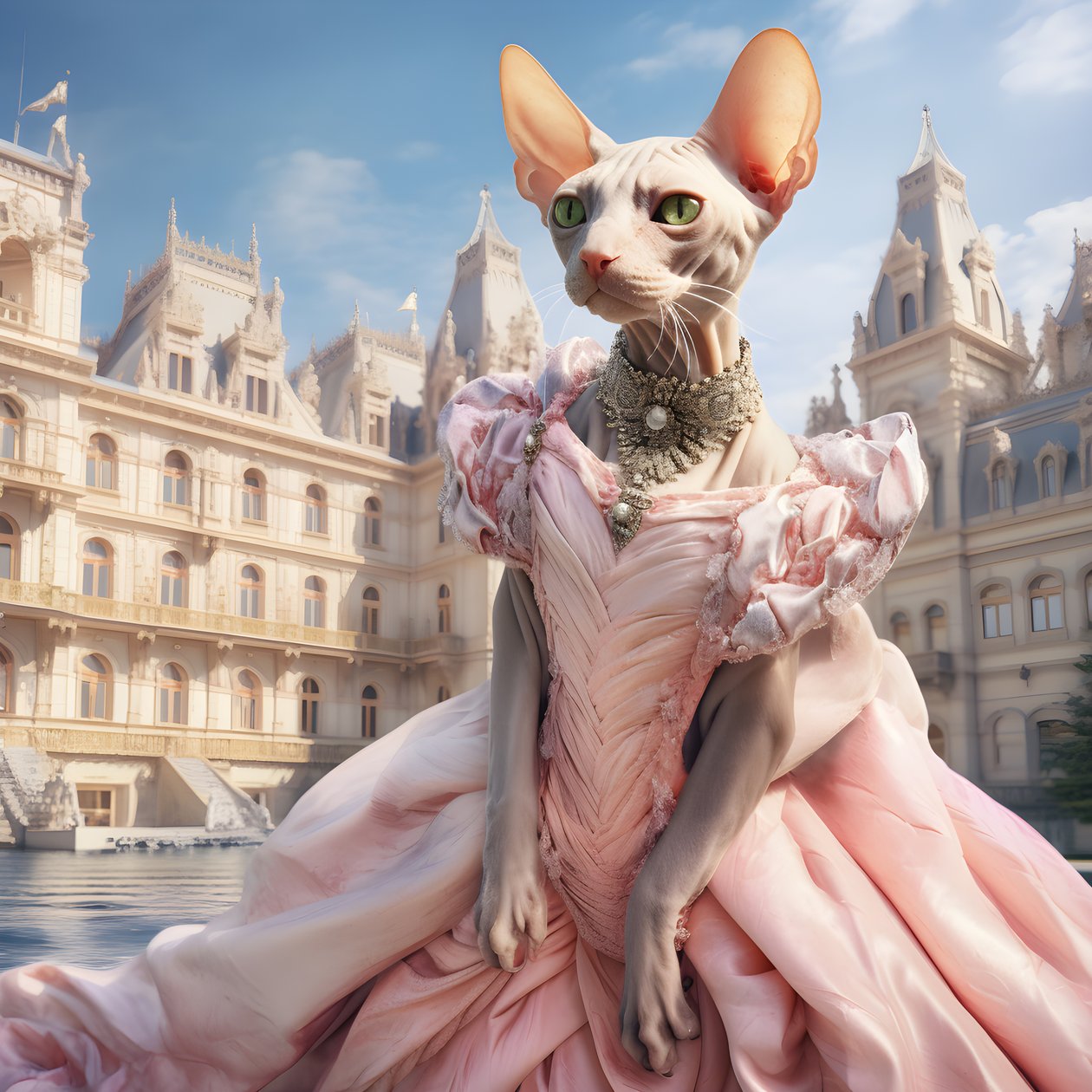 Gato Sphynx en vestido de baile sobre el fondo de un magnífico palacio de estilo medieval 2 de Kurt Heppke
