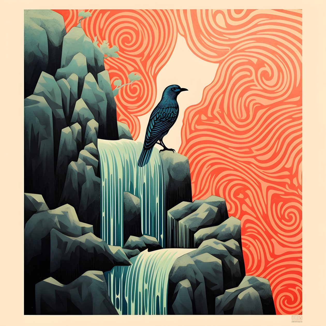 Ilustración ultra minimalista de un colorido pájaro tropical sentado en una planta ramificada frente a un arroyo de montaña con una hermosa cascada 3 de Kurt Heppke