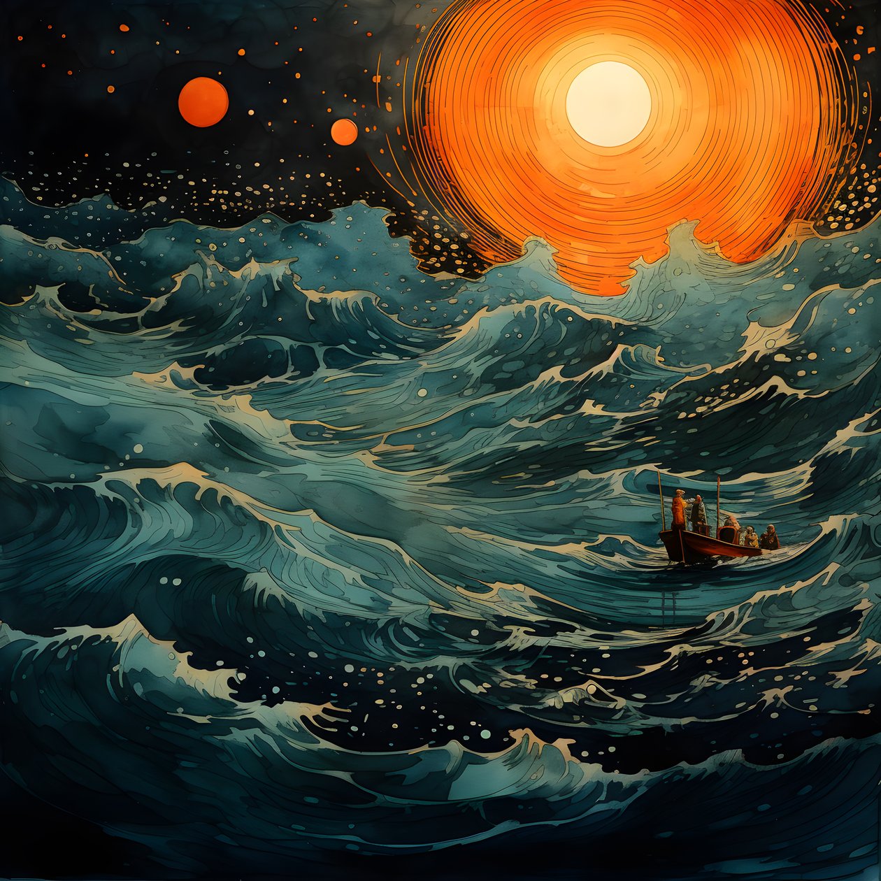 Dos barcos se deslizaban silenciosamente por aguas negras como la tinta hacia el remolino de Caribdis, con la luna llena como única luz en el mundo vacío del Mar del Norte. 3 de Kurt Heppke
