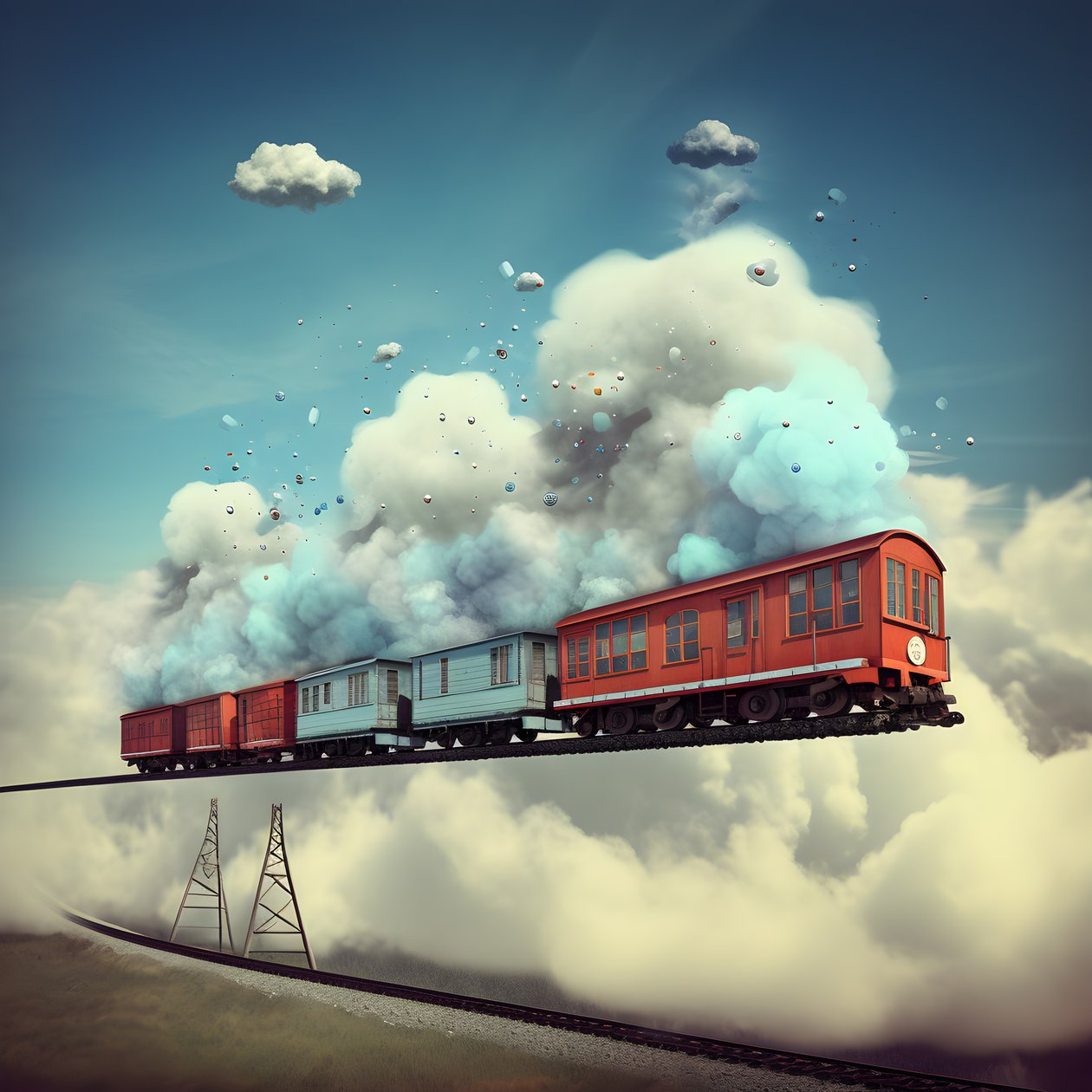 un tren de las redes sociales que vuela a toda velocidad por las nubes y pende de un hilo 3 de Kurt Heppke
