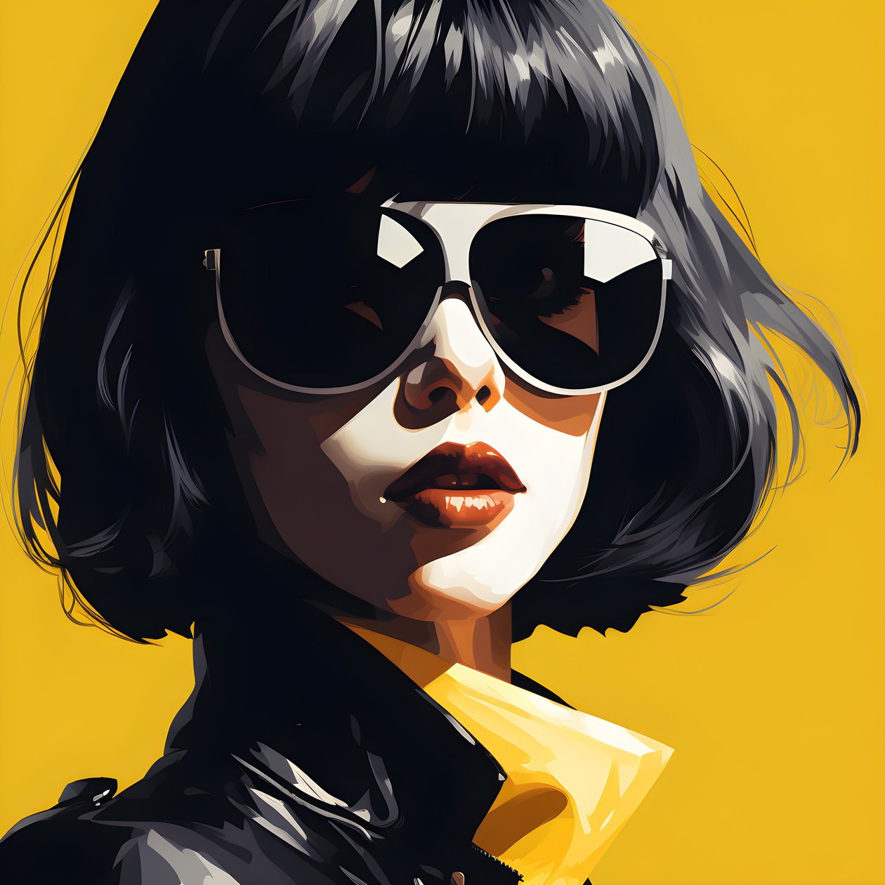 ilustración de una chica con gafas de sol amarillas, pelo en la cara y orejas, al estilo de la estética del cine negro 3 de Kurt Heppke