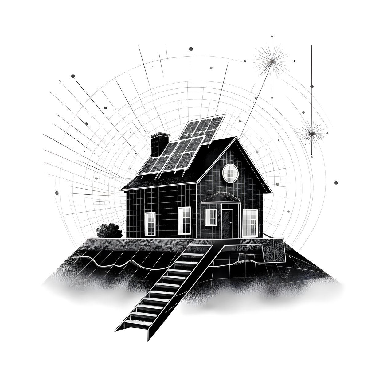 una ilustración de una casa con paneles solares, con una enorme flecha detrás apuntando hacia la derecha y hacia arriba 3 de Kurt Heppke