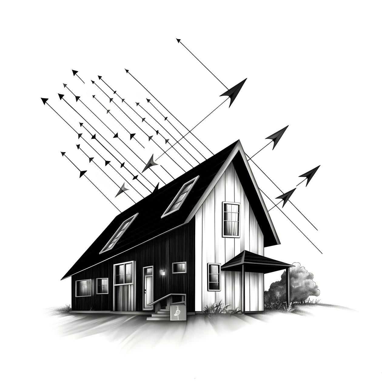 una ilustración de una casa con paneles solares, con una enorme flecha detrás apuntando hacia la derecha y hacia arriba 4 de Kurt Heppke