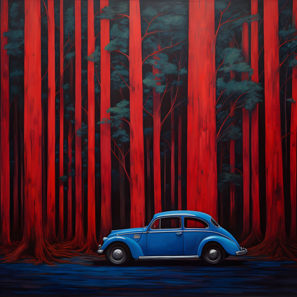 coche azul en un bosque rojo 2 de Kurt Heppke