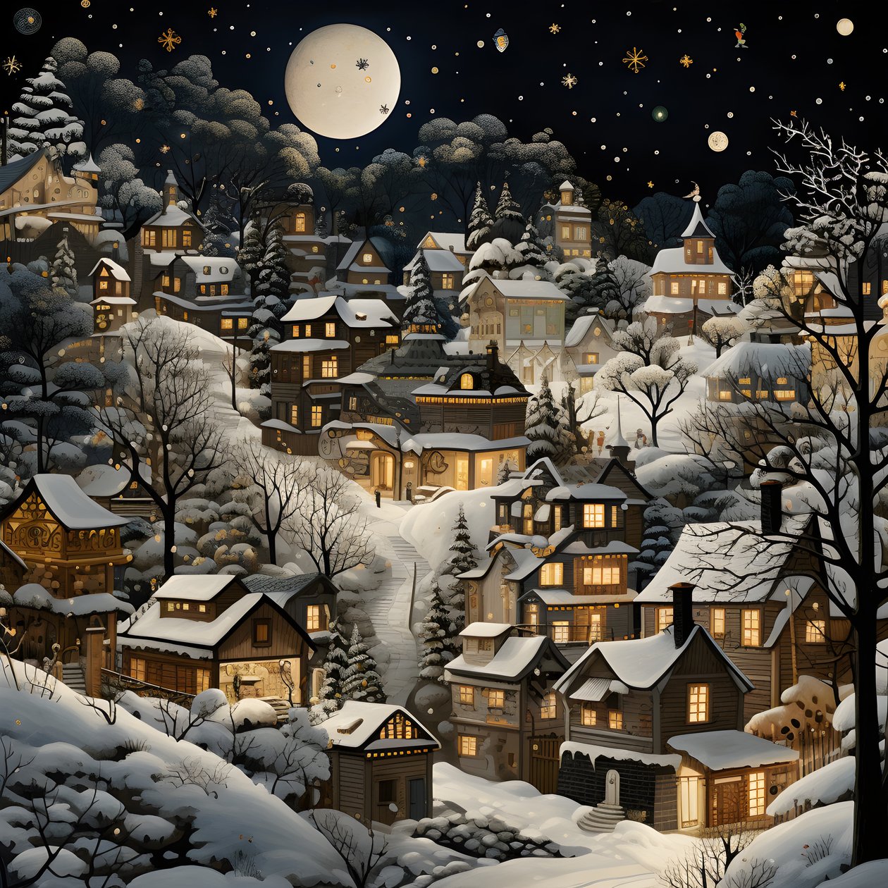 un pueblo de noche bajo árboles nevados 2 de Kurt Heppke