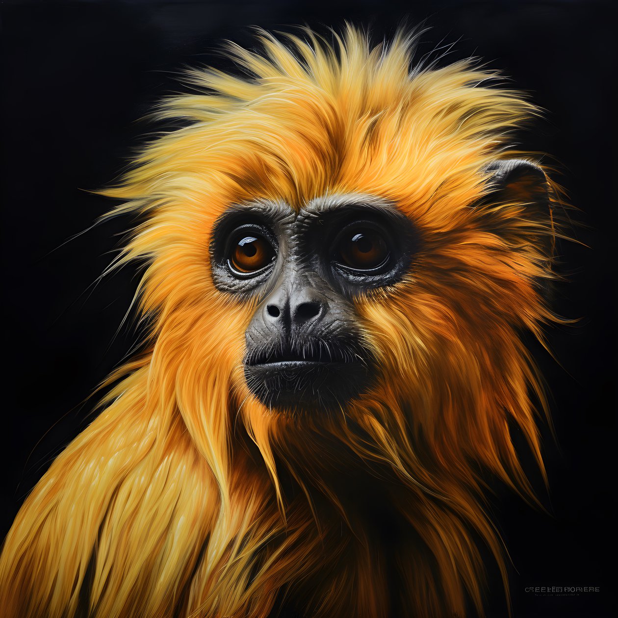 una pintura de la cara de un langur dorado con fondo negro 4 de Kurt Heppke
