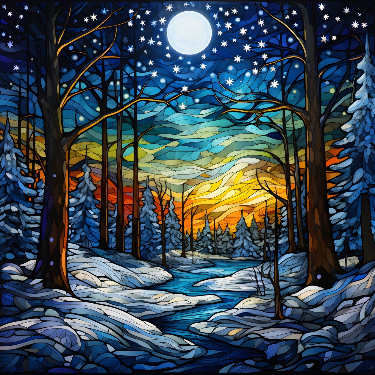 una escena del bosque nevado con estrellas 1 de Kurt Heppke