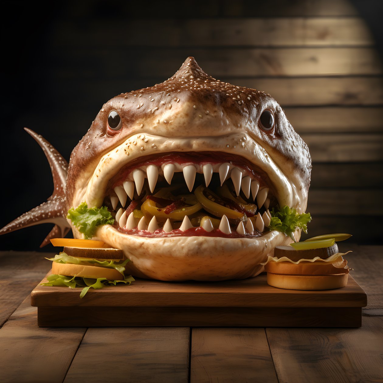 hamburguesa grande con queso y cabeza de tiburón en tabla de madera 2 de Kurt Heppke