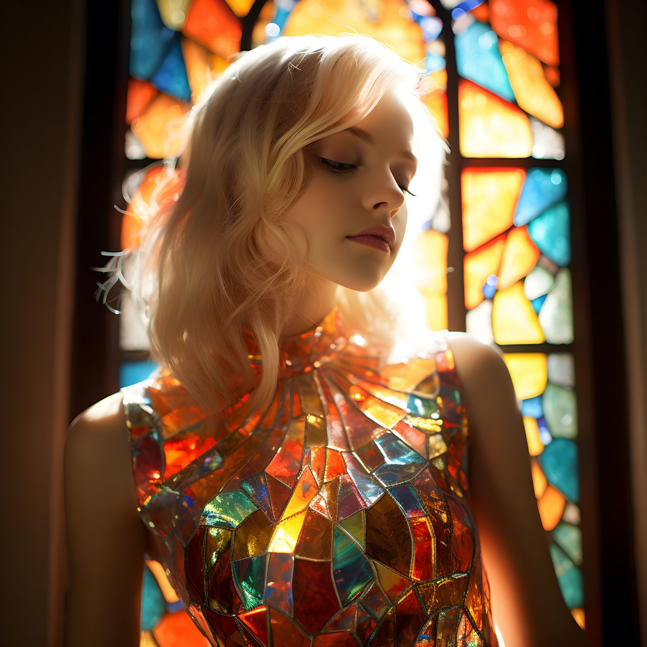 bonita chica rubia de 14 años lleva un colorido vestido de tiffany vidrieras 4 de Kurt Heppke