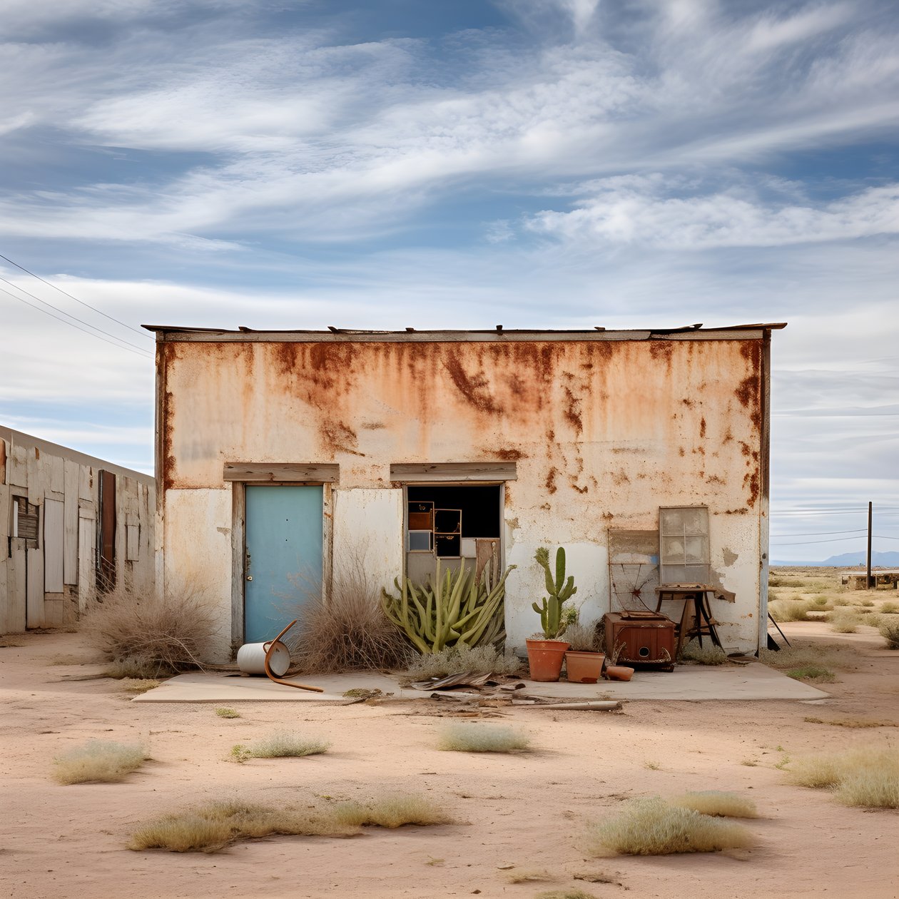 imagen fotográfica hiperrealista de un viejo almacén desgastado, con pintura descolorida y ventanas tapiadas 4 de Kurt Heppke