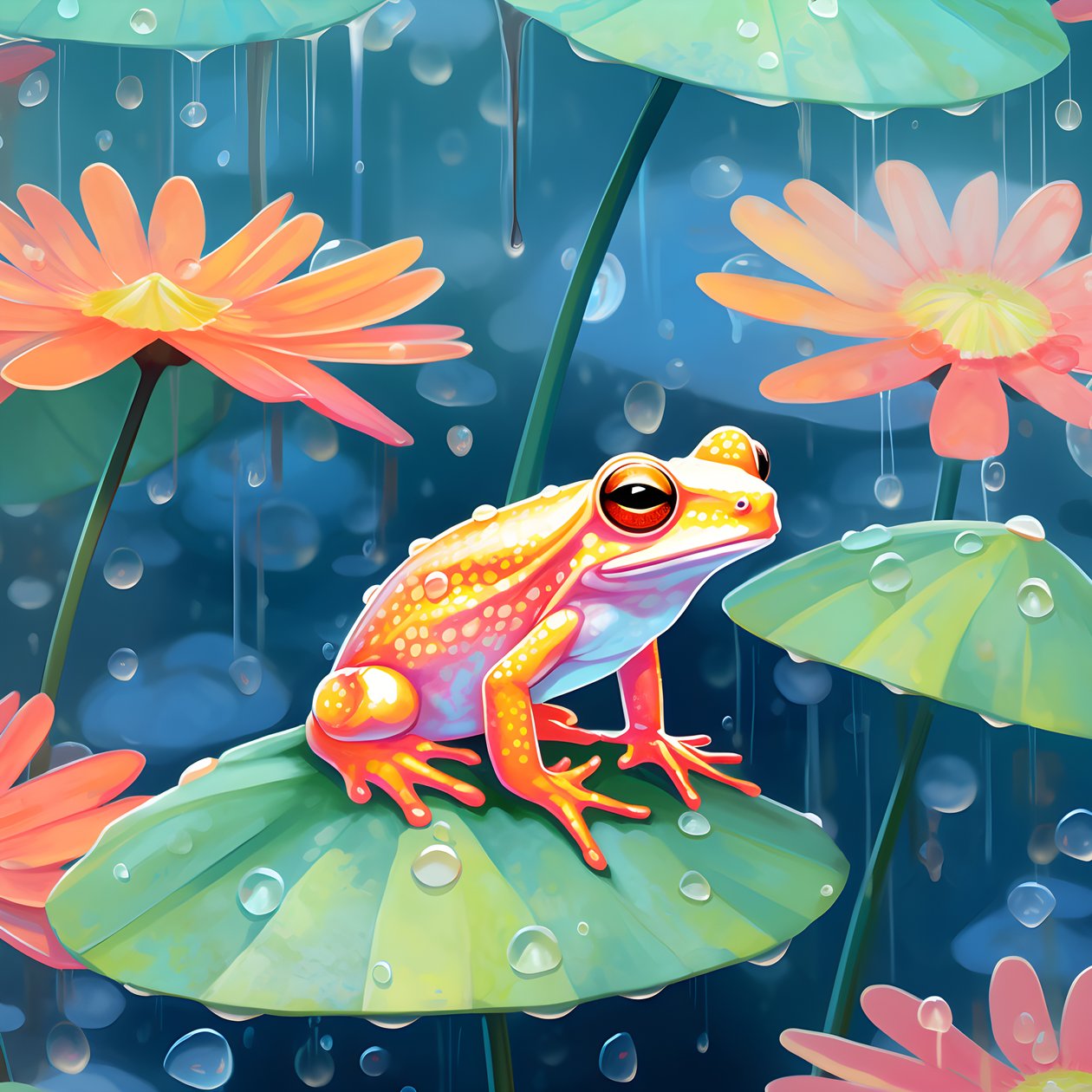 patrón sin fisuras de una pintura de ranas de dibujos animados bastante naranja y amarillo sentado en el follaje de los lirios en la lluvia de agua de la acuarela 1 de Kurt Heppke