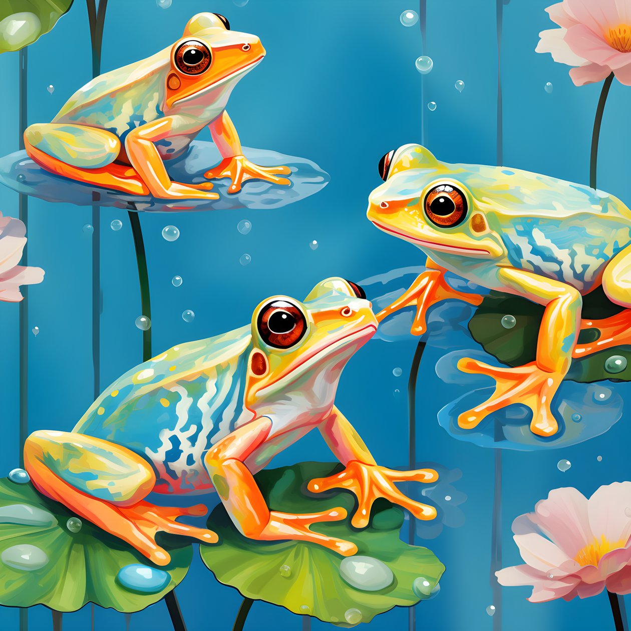 patrón sin fisuras de una pintura de ranas de dibujos animados bastante naranja y amarillo sentado en el follaje de los lirios en la lluvia de agua de la acuarela 2 de Kurt Heppke