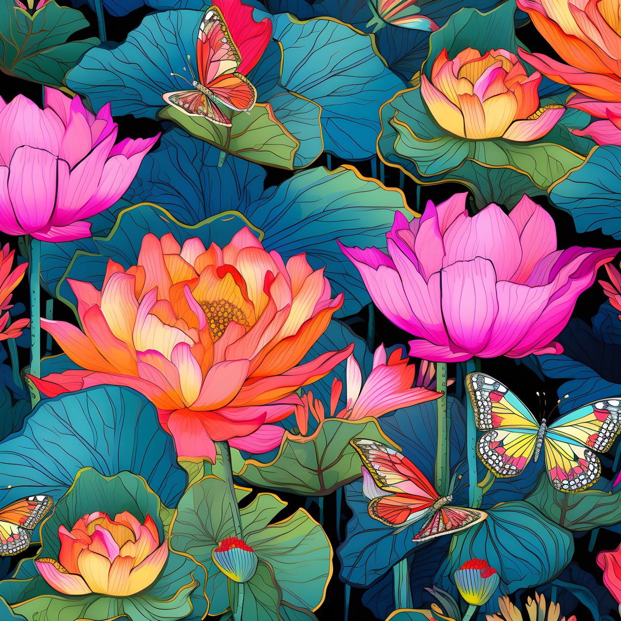 Patrón sin fisuras de flores de loto y mariposas 3 de Kurt Heppke