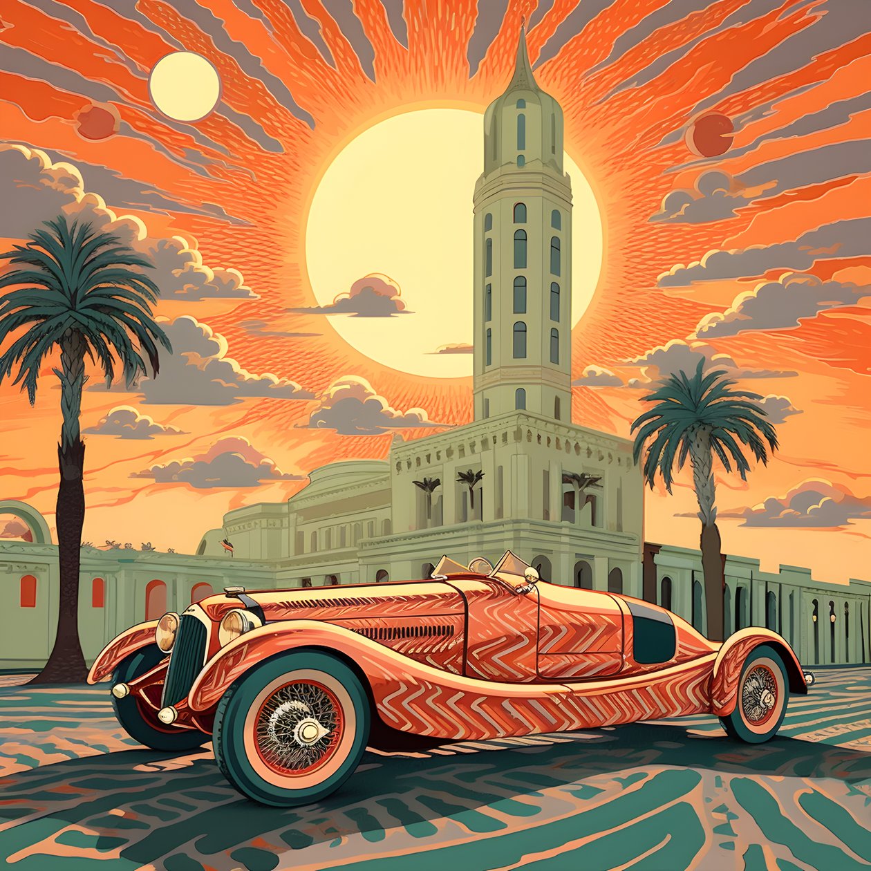 bella, elegante y minimalista obra maestra acolchada al estilo artístico de Shepard Fairey::1 conmemora el Gran Premio de Mónaco de 1940, coches de carreras históricos compitiendo entre sí.  2 de Kurt Heppke