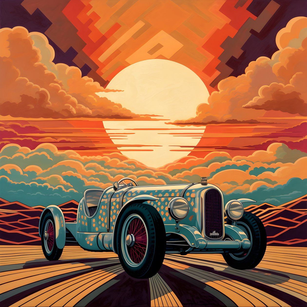 bella, elegante y minimalista obra maestra acolchada en el estilo artístico de Shepard Fairey::1 conmemora el Gran Premio de Mónaco de 1940, coches de carreras históricos compitiendo entre sí.  3 de Kurt Heppke