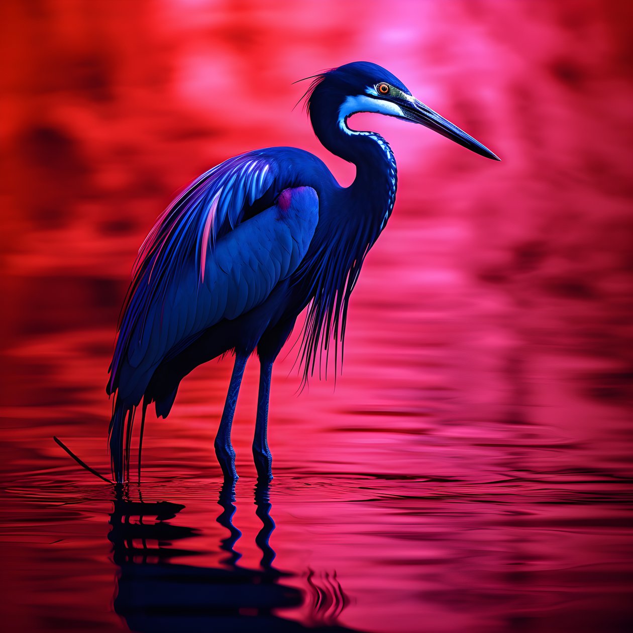 obra de arte digital synthwave de una exótica garceta azul cobalto sobre papel rojo 4 de Kurt Heppke