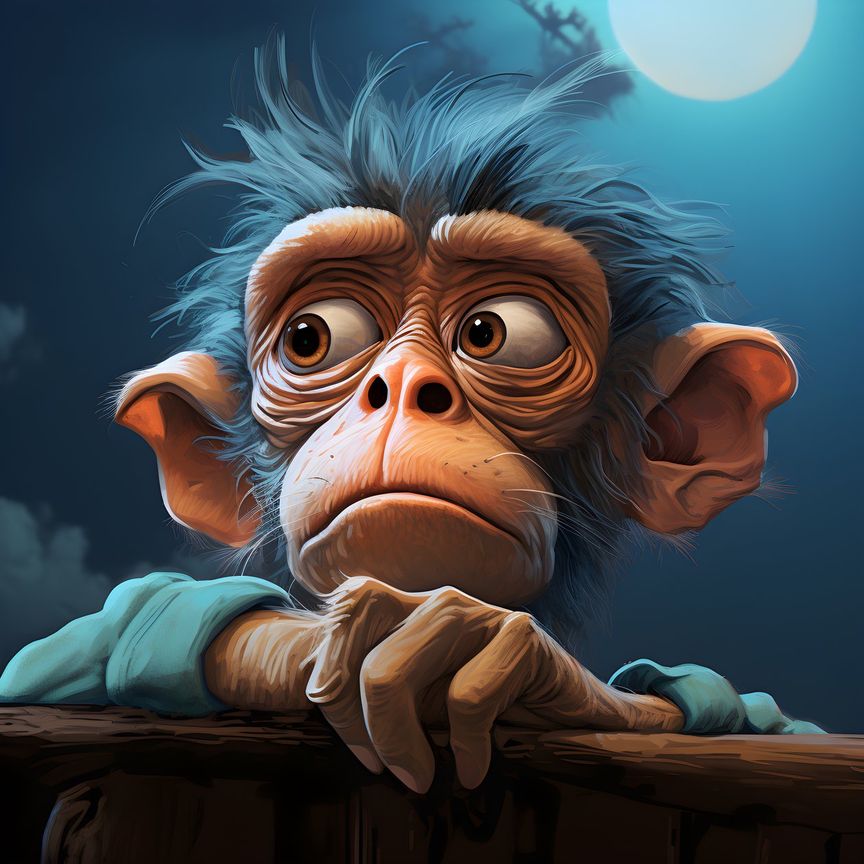 Zeichnung eines Joey-Affen mit einem Auge im Stil von emotionalen surrealen Charakterstudien, koloriert, nachdenkliche Posen, Topcor 58mm f/1.4, karikaturartige Illustrationen von Kurt Heppke