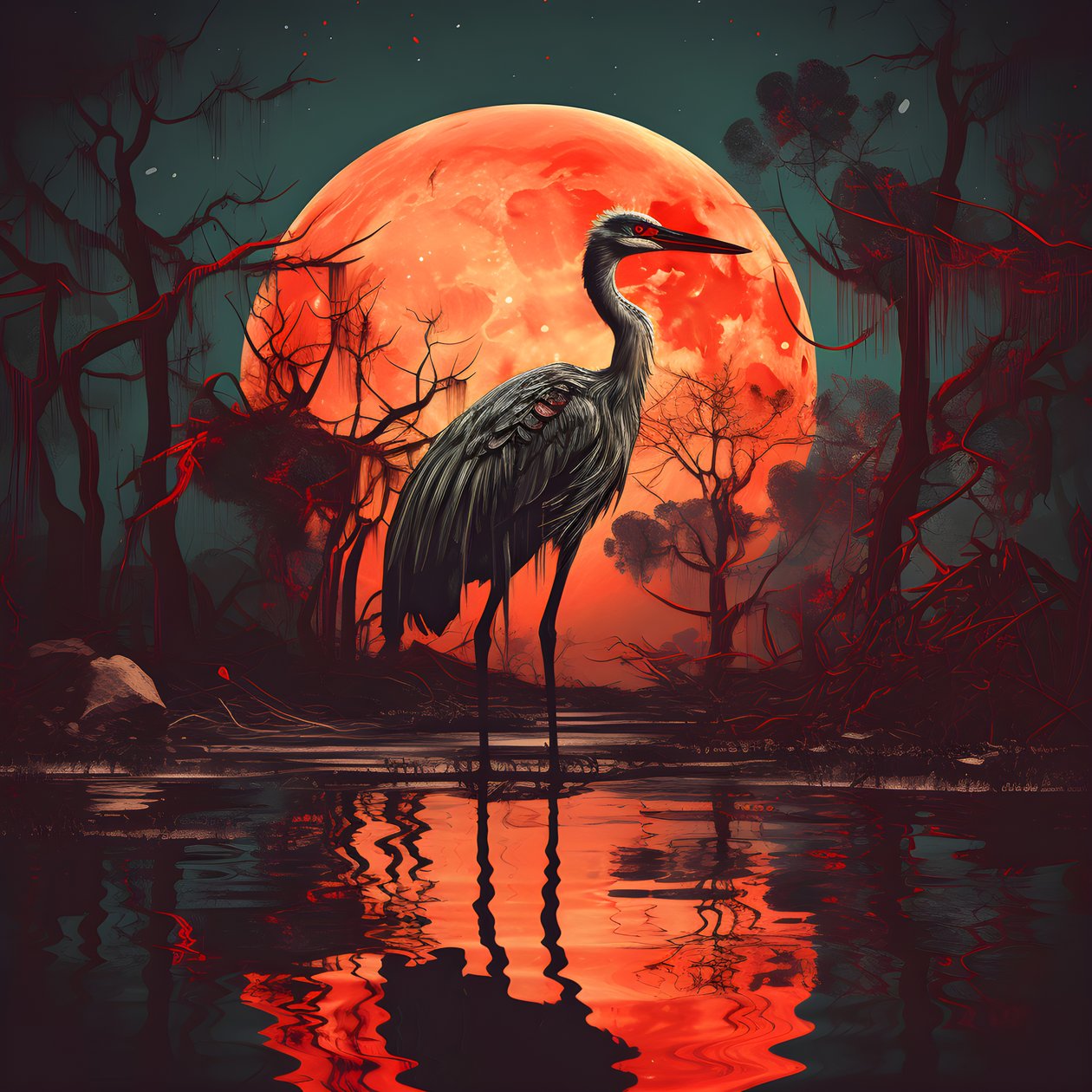 agua y un gran pájaro de pie en el atardecer de luna llena 1 de Kurt Heppke