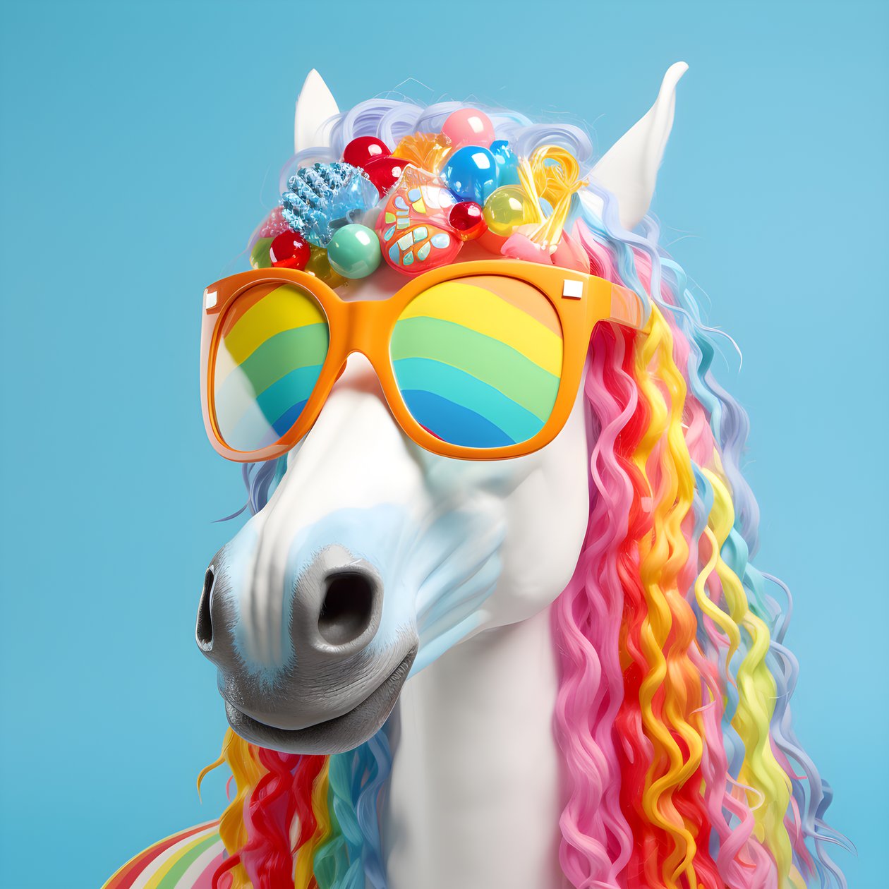 Caballo blanco con gafas arco iris sobre fondo azul 4 de Kurt Heppke