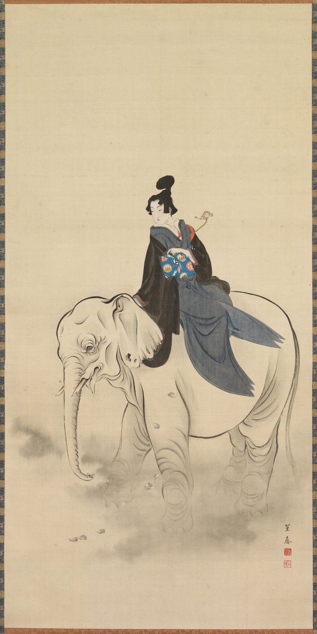 Cortesana montando un elefante, parodia del Bodhisattva Fugen, siglo XIX de Kuwagata Keisai