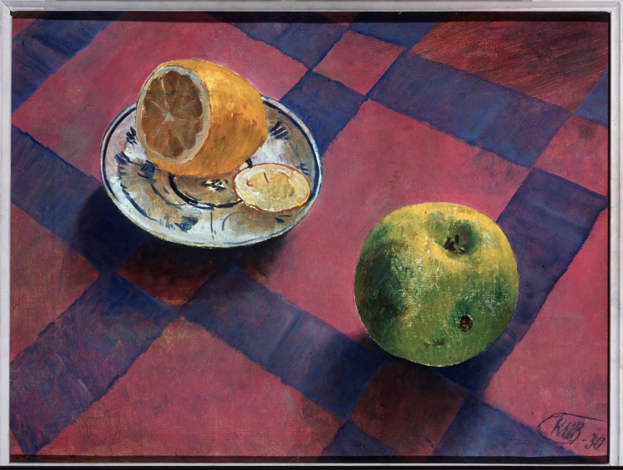 Manzana y limón. (Manzana y Limón). Pintura de Kuzma Sergeevich Petrov Vodkin (Petrov-Vodkin) (Kouzma Petrov Vodkin) (Petrov-Vodkin) (1878-1939), óleo sobre lienzo de Kuzma Sergeevich Petrov Vodkin