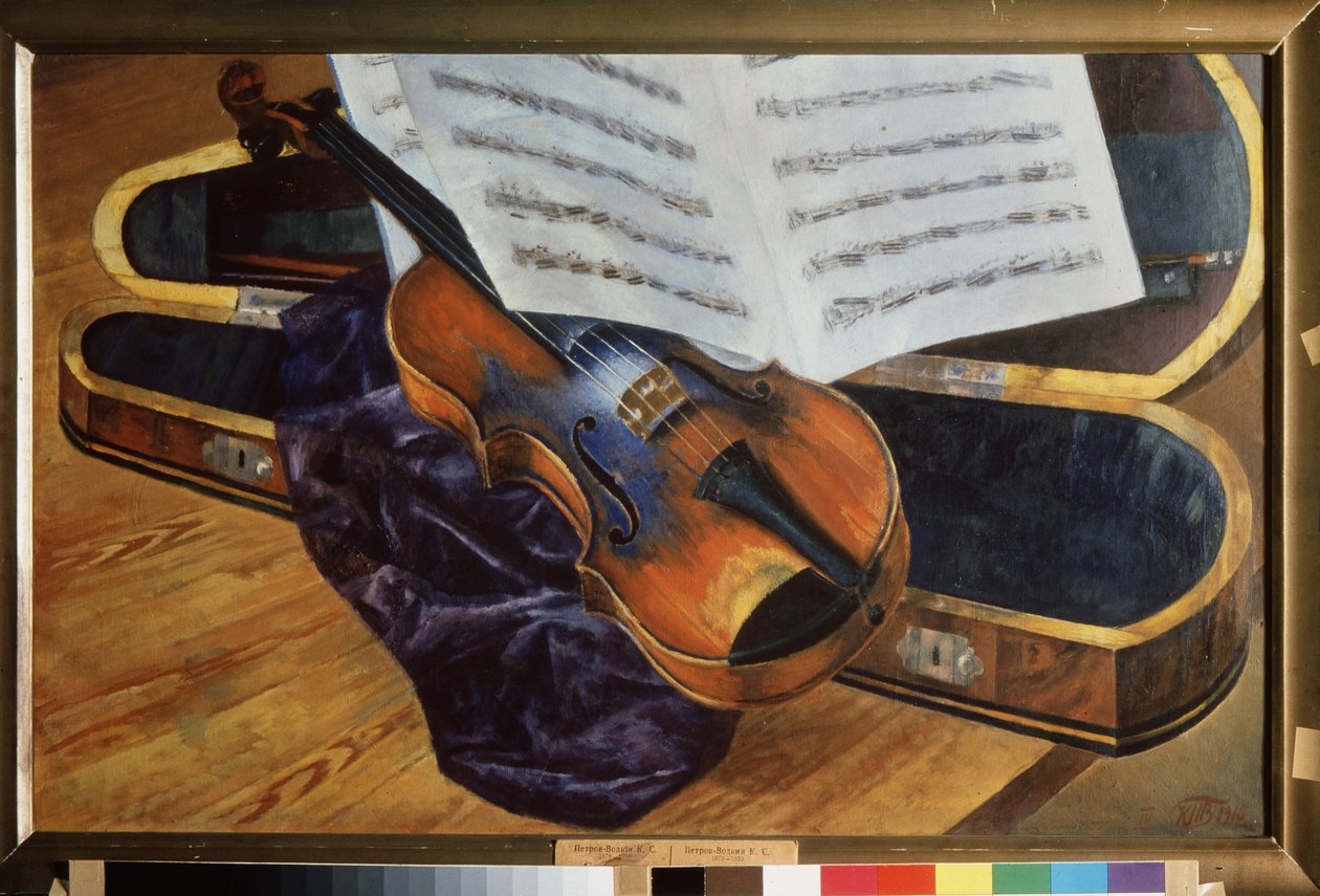 Violín en un estuche (Violín en un estuche). Pintura de Kuzma Sergeyevich Petrov Vodkin (Petrov-Vodkin) (Kouzma Petrov Vodkin) (Petrov-Vodkin) (1878-1939), óleo sobre lienzo de Kuzma Sergeevich Petrov Vodkin