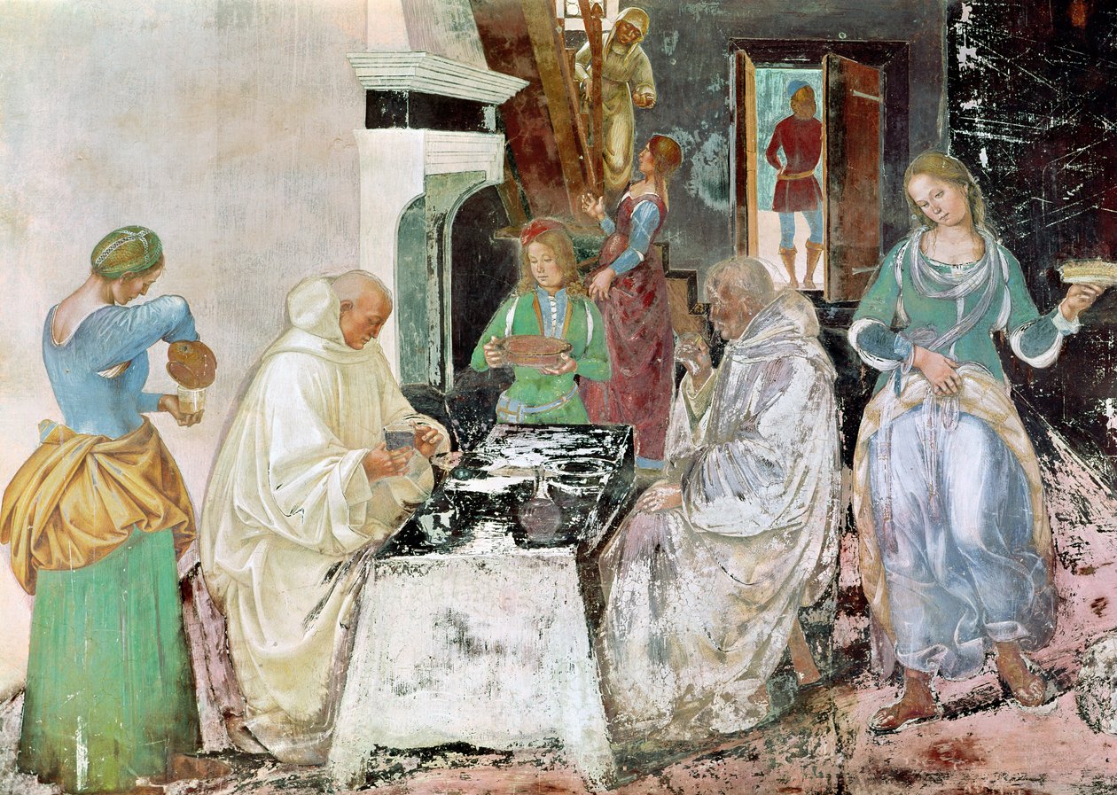 San Benito recibiendo hospitalidad, de la Vida de San Benito, 1497-98 de L. and Sodoma, G. Signorelli