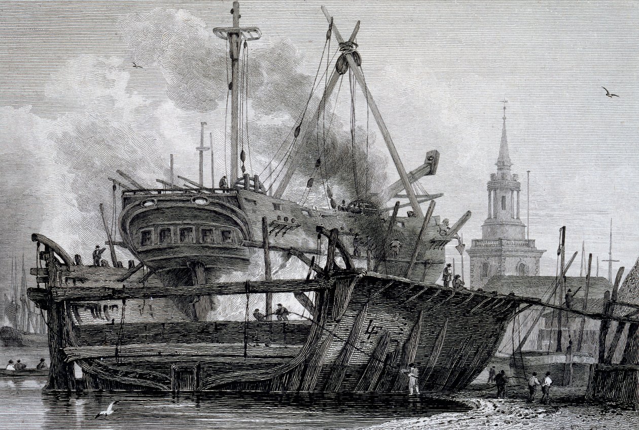 Rotherhithe, el muelle flotante en 1815, grabado por J. C. Allen, de Vistas en el Támesis publicado por WB & George Cooke, 1822 de L. Francia