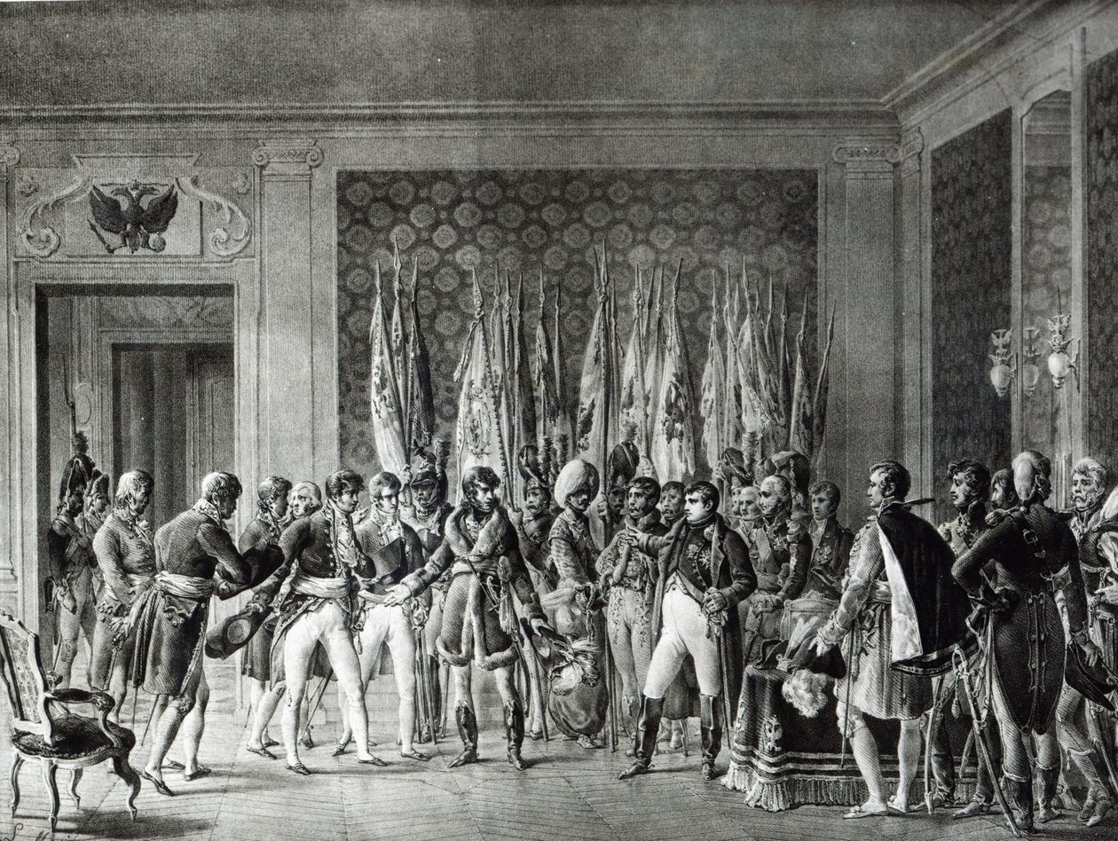 Napoleón entrega las banderas ganadas en Austerlitz en 1805 a los alcaldes de París que lo visitan en Schonbrunn de L. Marin