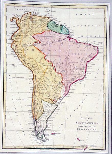 Un nuevo mapa de Sudamérica, dibujado a partir de los últimos descubrimientos, página 75 de Cartas y dibujos descriptivos, Volumen 1 por James Forbes, publicado en Londres, 1794 de L. Puke
