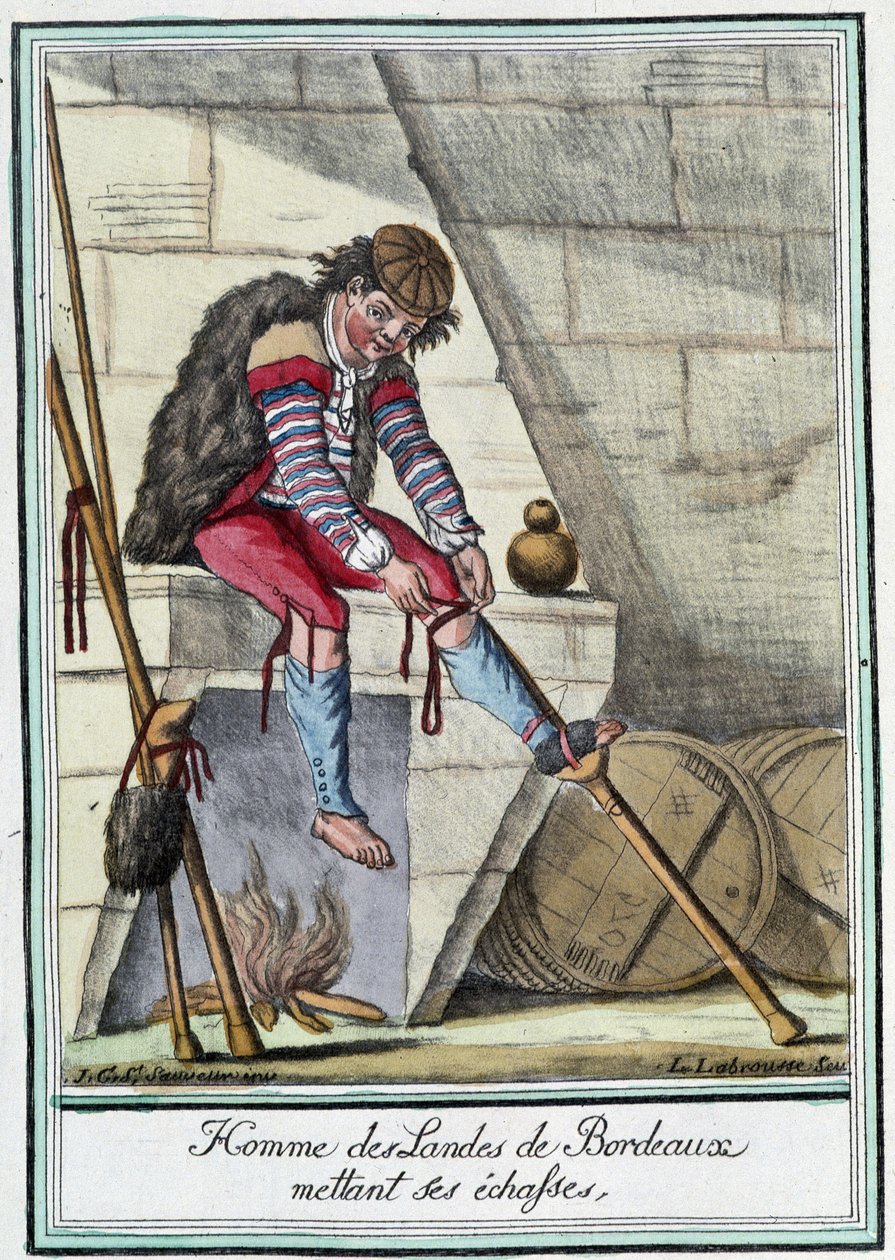 Hombre de las Landas de Burdeos poniéndose los zancos - en “Enciclopedia de Viajes” de J. Grasset St Sauveur, Deron, París de L.F. Labrousse