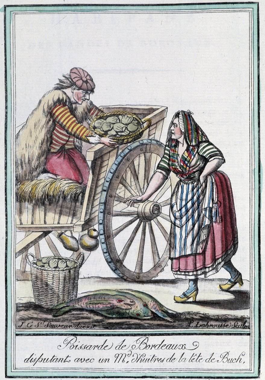 Pescadera de Burdeos discutiendo con un comerciante de ostras de la cabeza de Buch - en "Encyclopedia of travels" de J. Grasset St Sauveur, Deron, París de L.F. Labrousse