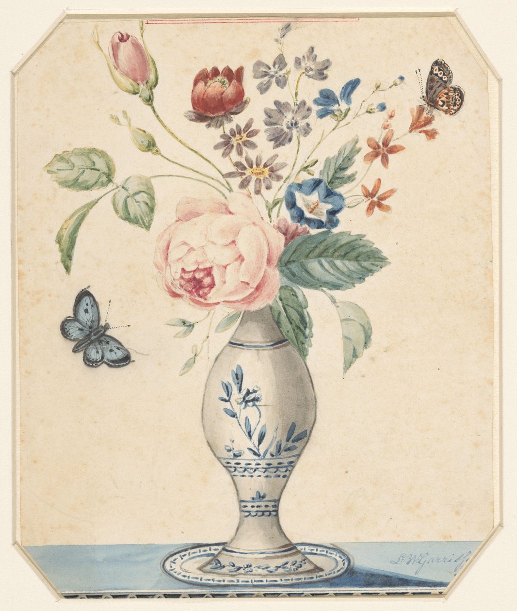 Jarrón con flores y una mariposa azul de L.W. Garrison
