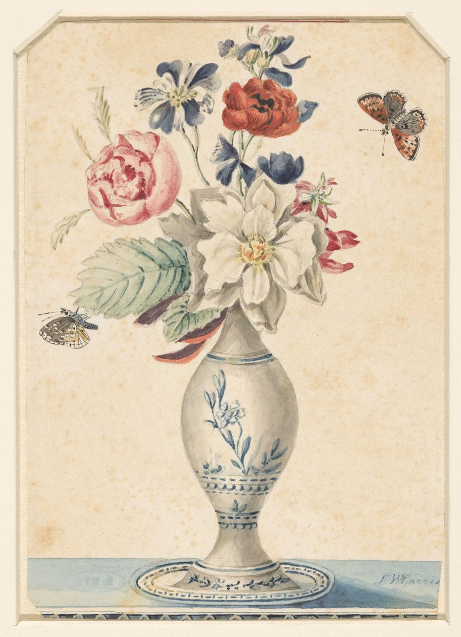 Jarrón con flores y una mariposa gris-amarilla de L.W. Garrison