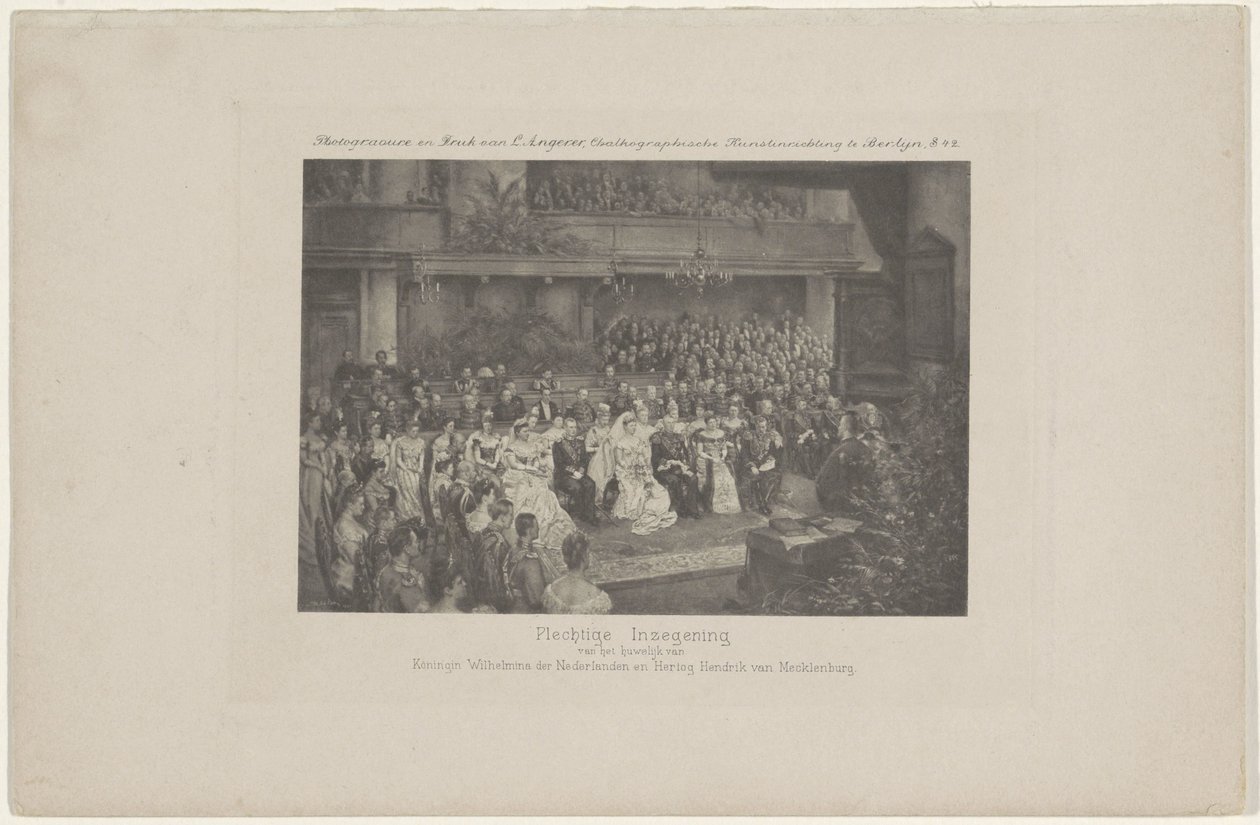 Bendición del matrimonio de la reina Guillermina y el príncipe Hendrik, 1901 Bendición solemne del matrimonio de la reina Guillermina de los Países Bajos y el duque Hendrik de Mecklenburg (título sobre el objeto) de L. Angerer