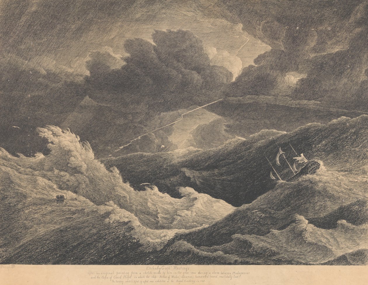 De un boceto realizado en 1804 durante una tormenta entre Madagascar y el Cabo de Buena Esperanza en la que el barco indio "Prince of Wales" se perdió totalmente, c.1804 (aguafuerte) de L. Hastings