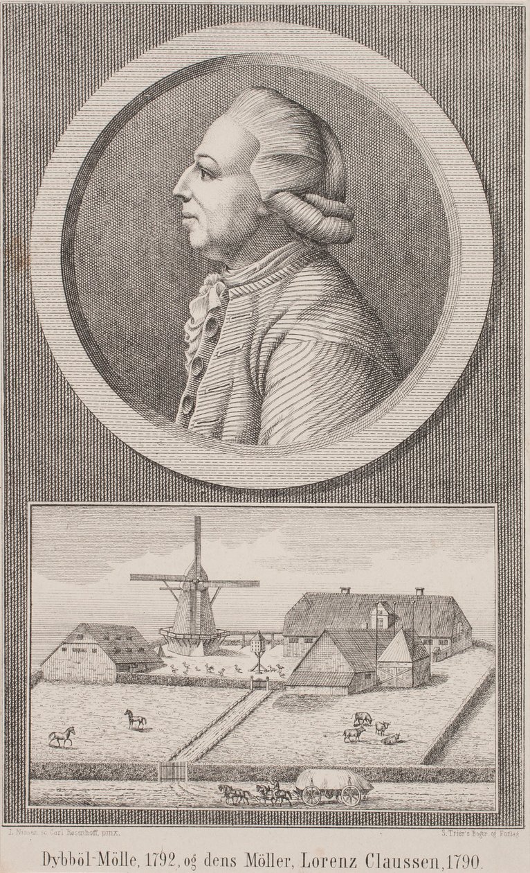 Dybbøl mølle, 1792, y su molinero Lorenz Claussen, 1790 de L. Nissen