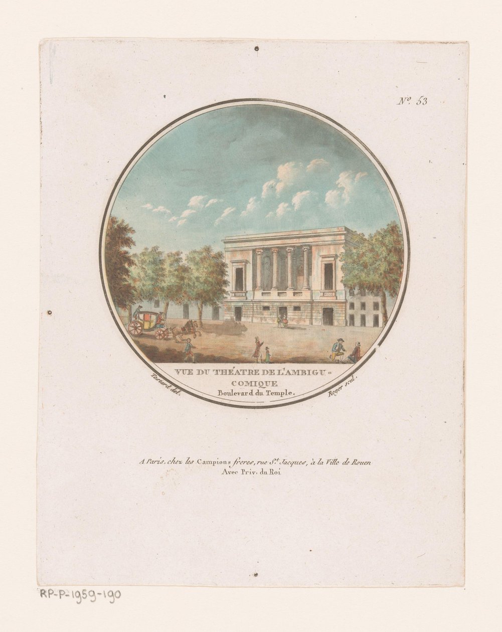 Vista del Teatro del Ambigú-Comique
Vista del teatro Ambigu-Comique (título en el objeto)
Gezichten op de belangrijkste gebouwen van Parijs (título de la serie)
Vues pittoresques des principaux edifices de Paris (título de la serie) de L. Roger