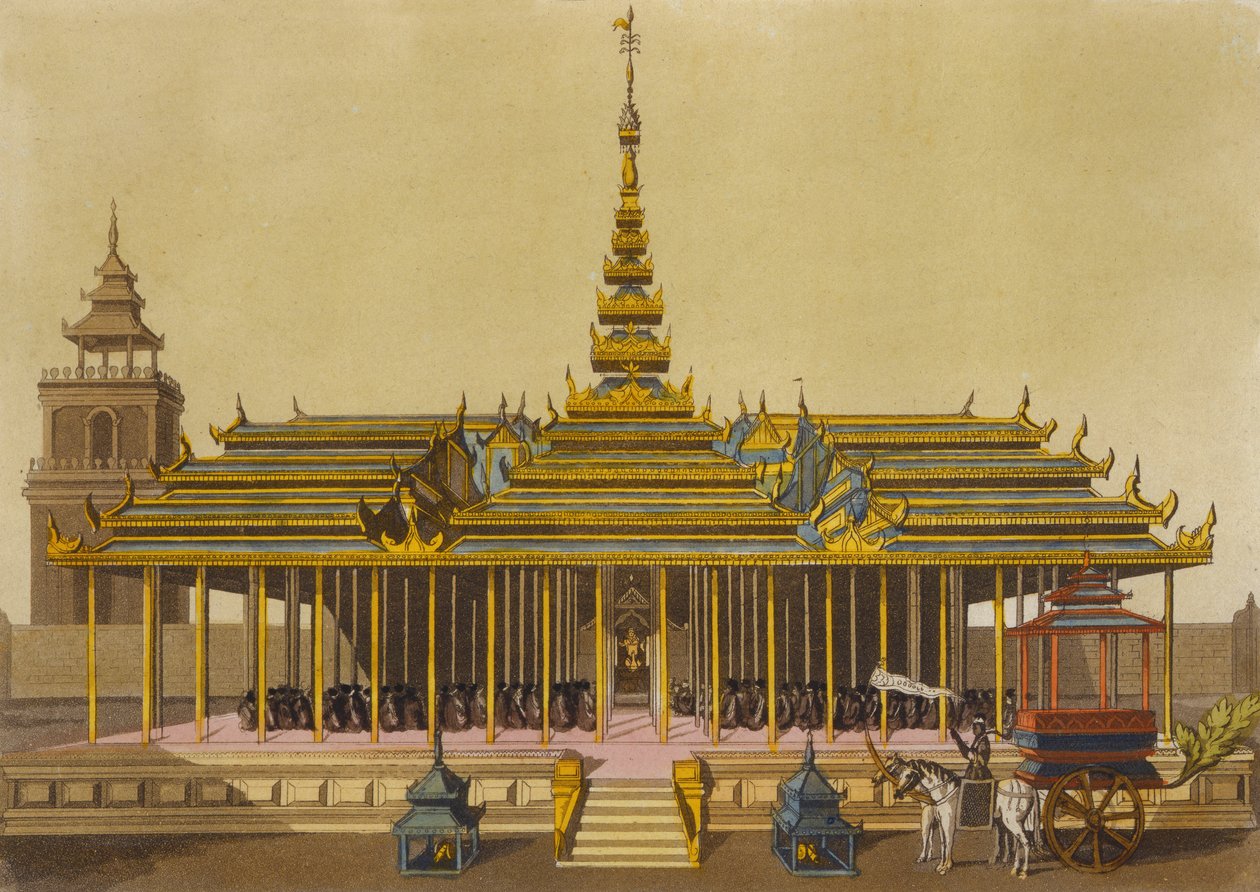 El Rey de Siam se dirige a los cortesanos en su pabellón, lámina 69 de El Traje Antiguo y Moderno por Jules Ferrario, grabado por Gaetano Zancon, publicado en la década de 1820-30 de L. Rossi