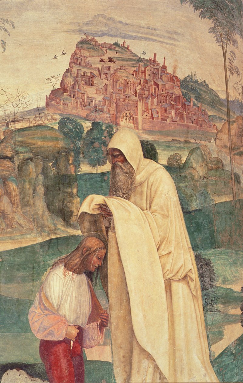 Vida de San Benito, Escena 4: El monje Romano viste a Benito de L. Signorelli