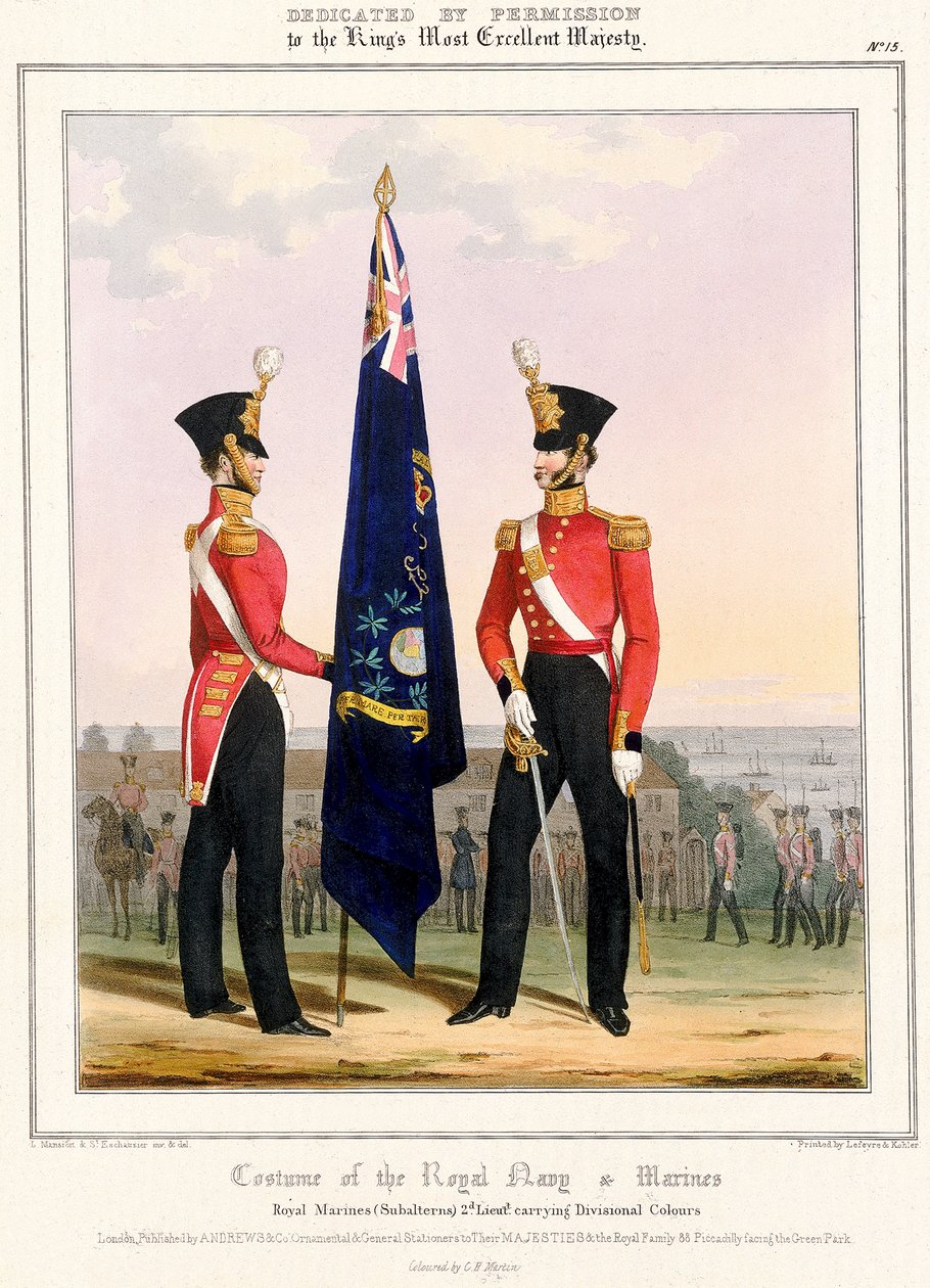 Traje de la Royal Navy  Marines. Marines Reales (Subalternos) 2d. Lt., c.1832 (litografía coloreada) de L. and Eschauzier St. Mansion