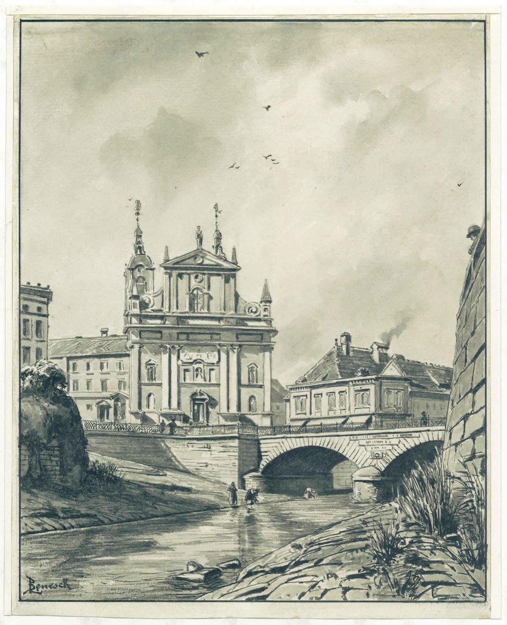 Vista del Ljubljanica, puente Franc y iglesia franciscana en Ljubljana de Ladislav Benesch