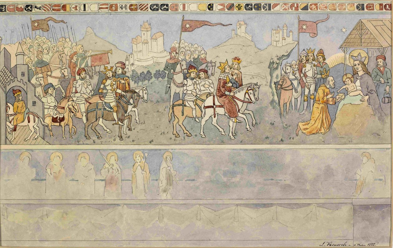 Dibujo de un fresco de la capilla luterana en Turjak con motivo de la Procesión de los Tres Reyes Magos de Ladislav Benesch