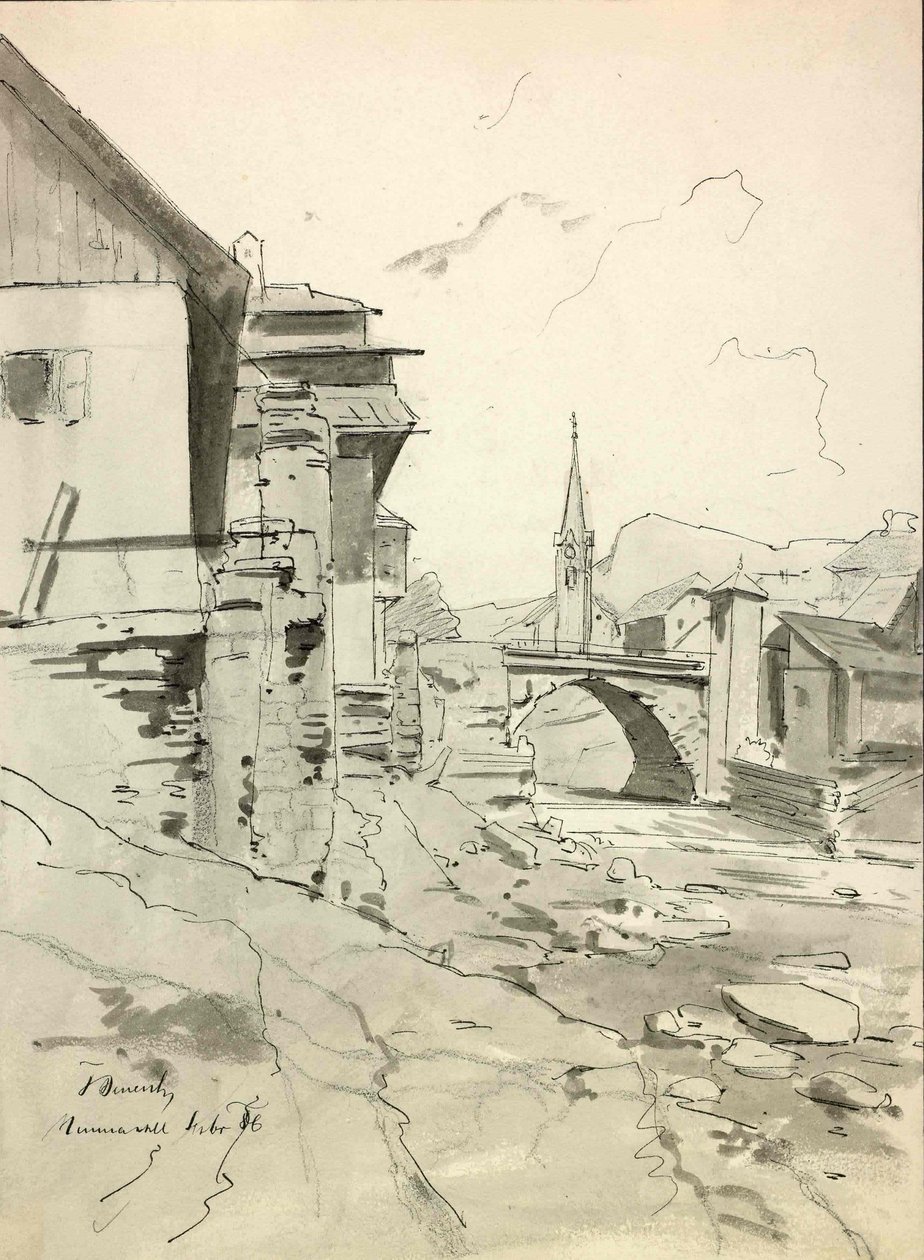 Tržič, motivo con puente e iglesia al fondo de Ladislav Benesch