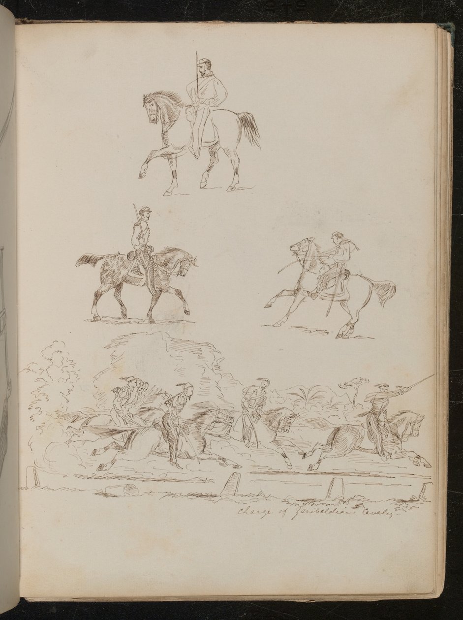 Estudios de soldados a caballo, la escena de grupo está inscrita 